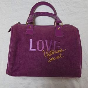 Y2K Victoria's Secret Fuschia Cosmetic Embroidered LOVE Bag with Vinyl Handles